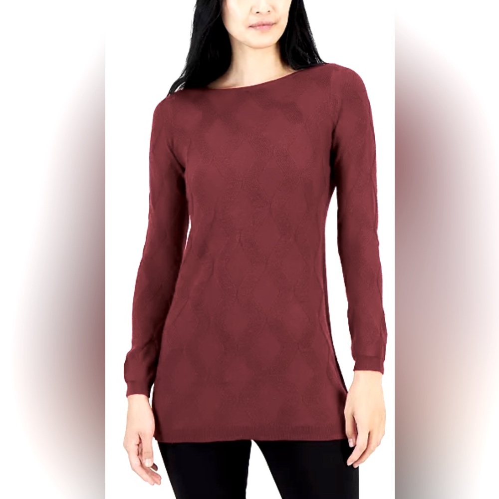 Alfani Womens Burgundy Diamond Stitch Long Tunic Sweater Size S
